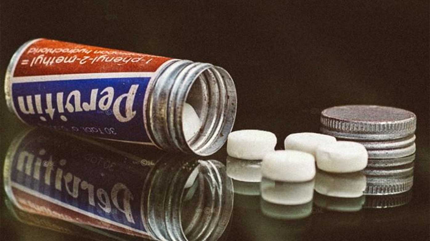 Boîte de Pervitin originale des années 1940, avec les comprimés de méthamphétamine utilisés par la Wehrmacht