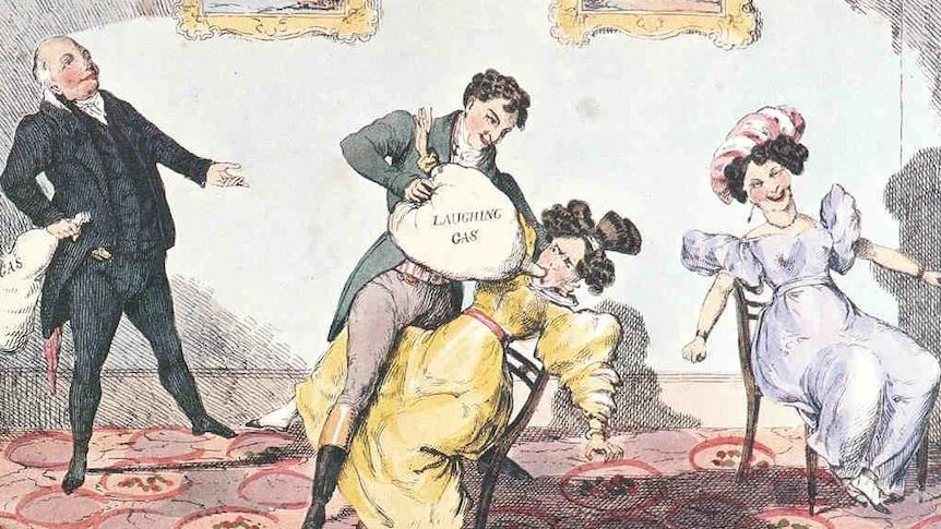 Caricature d'une soirée au gaz hilarant dans l'aristocratie britannique vers 1800